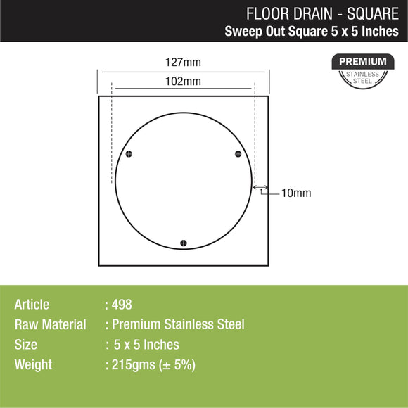Sweep Out Square Floor Drain (5 x 5 Inches) - LIPKA - Lipka Home