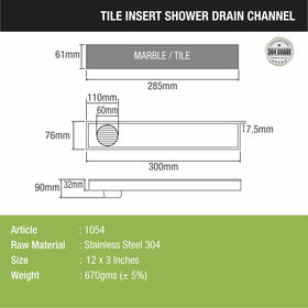 Tile Insert Shower Drain Channel (12 x 3 Inches) - LIPKA - Lipka Home
