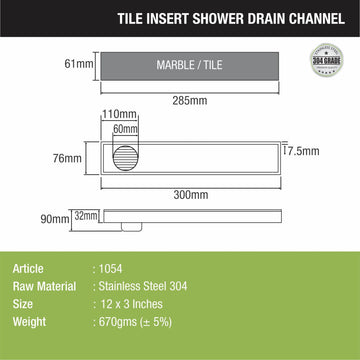 Tile Insert Shower Drain Channel (12 x 3 Inches) - LIPKA - Lipka Home