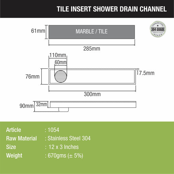 Tile Insert Shower Drain Channel (12 x 3 Inches) - LIPKA - Lipka Home