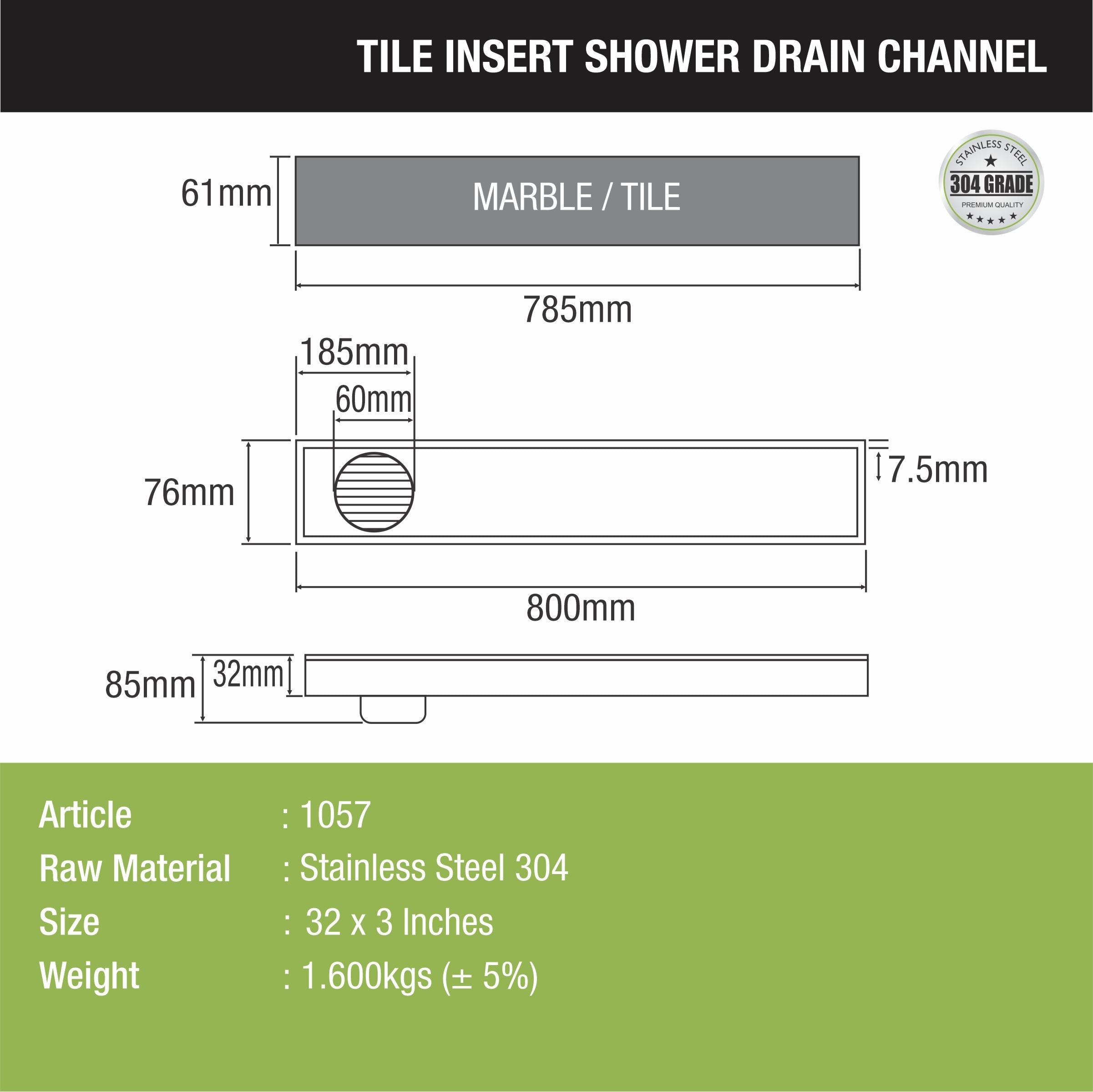 Tile Insert Shower Drain Channel (32 x 3 Inches) - LIPKA - Lipka Home
