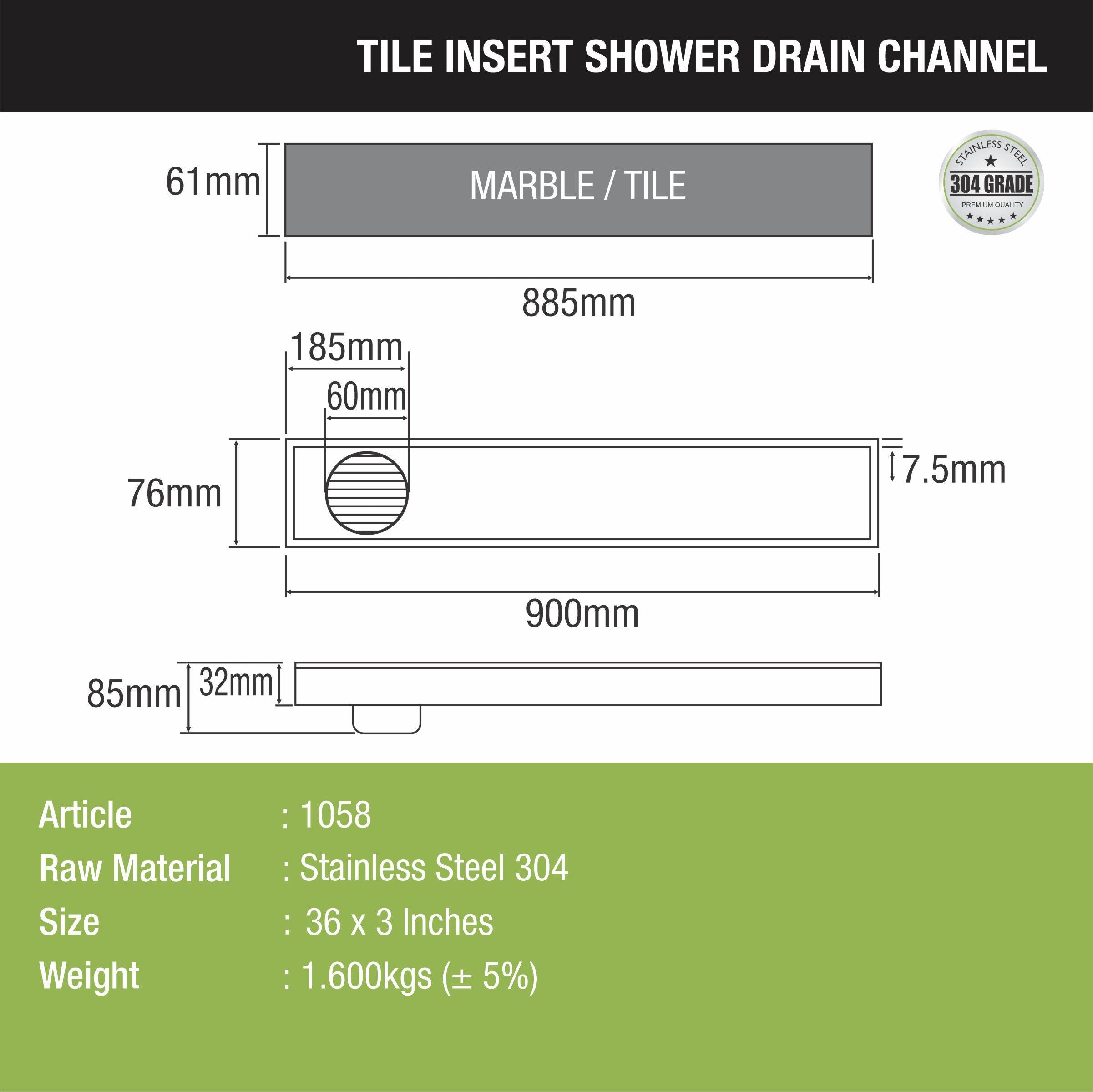 Tile Insert Shower Drain Channel (36 x 3 Inches) - LIPKA - Lipka Home