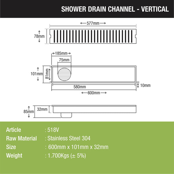 Vertical Shower Drain Channel (24 x 4 Inches) - LIPKA - Lipka Home