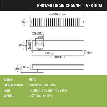 Vertical Shower Drain Channel (24 x 5 Inches) - LIPKA - Lipka Home