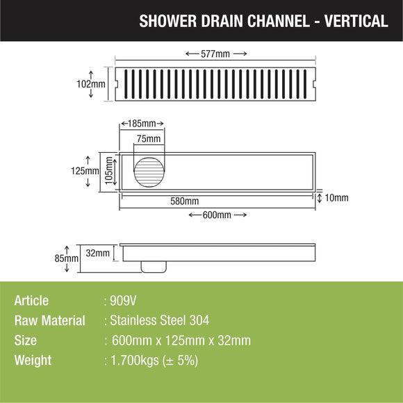 Vertical Shower Drain Channel (24 x 5 Inches) - LIPKA - Lipka Home