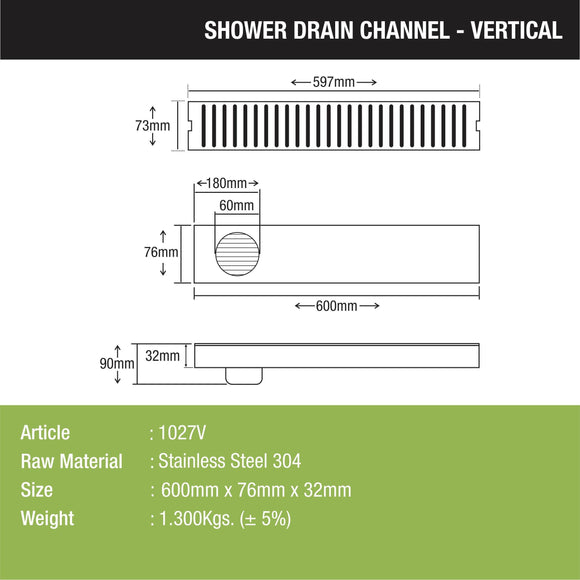 Vertical Shower Drain Channel (24 x 3 Inches) - LIPKA - Lipka Home