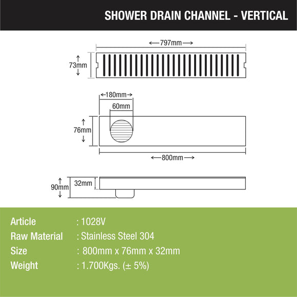 Vertical Shower Drain Channel (32 x 3 Inches) - LIPKA - Lipka Home