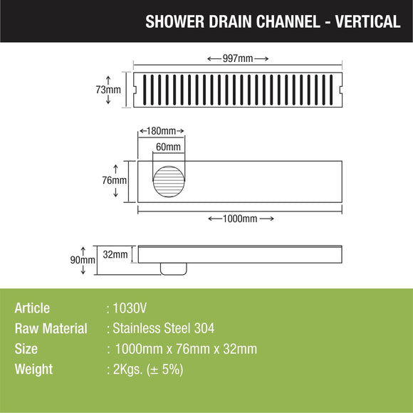 Vertical Shower Drain Channel (40 x 3 Inches) - LIPKA - Lipka Home