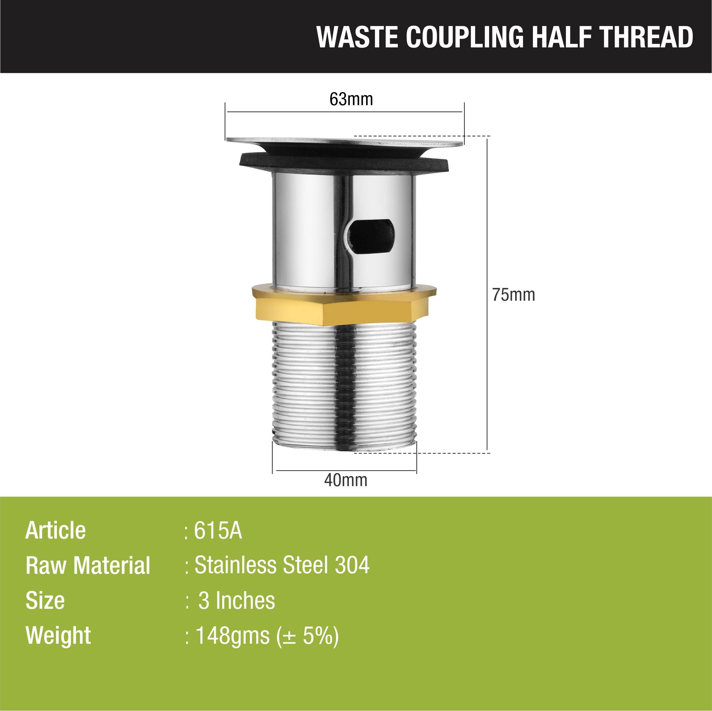 Half Thread Waste Coupling 3” (304-Grade SS) sizes and dimensions