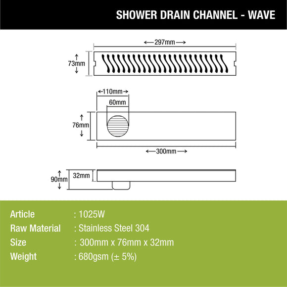 Wave Shower Drain Channel (12 x 3 Inches) - LIPKA - Lipka Home