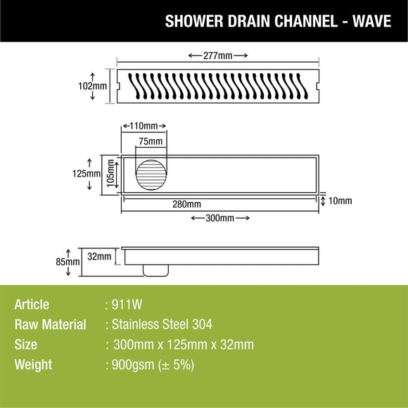 Wave Shower Drain Channel (12 x 5 Inches) - LIPKA - Lipka Home