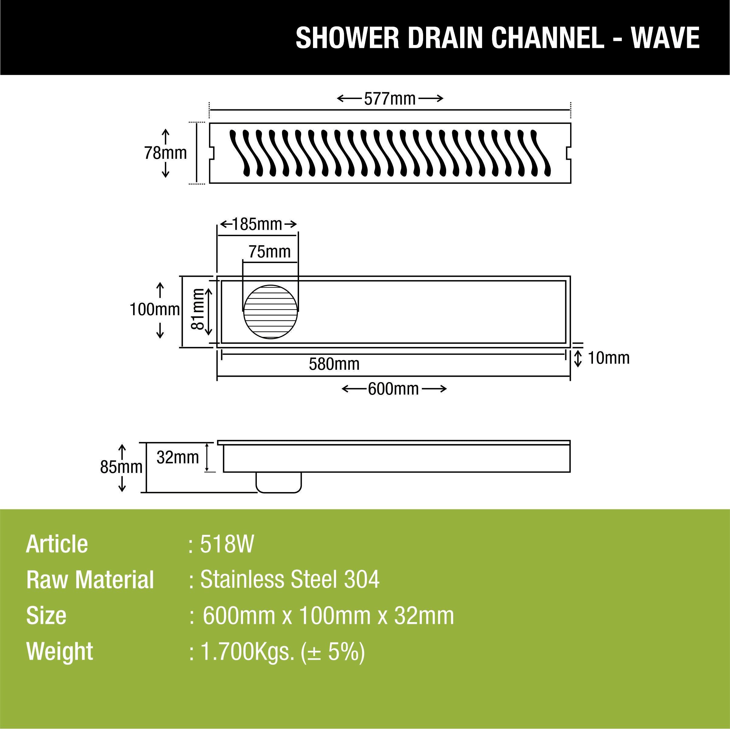 Wave Shower Drain Channel (24 x 4 Inches) - LIPKA