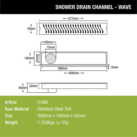Wave Shower Drain Channel (24 x 4 Inches) - LIPKA - Lipka Home
