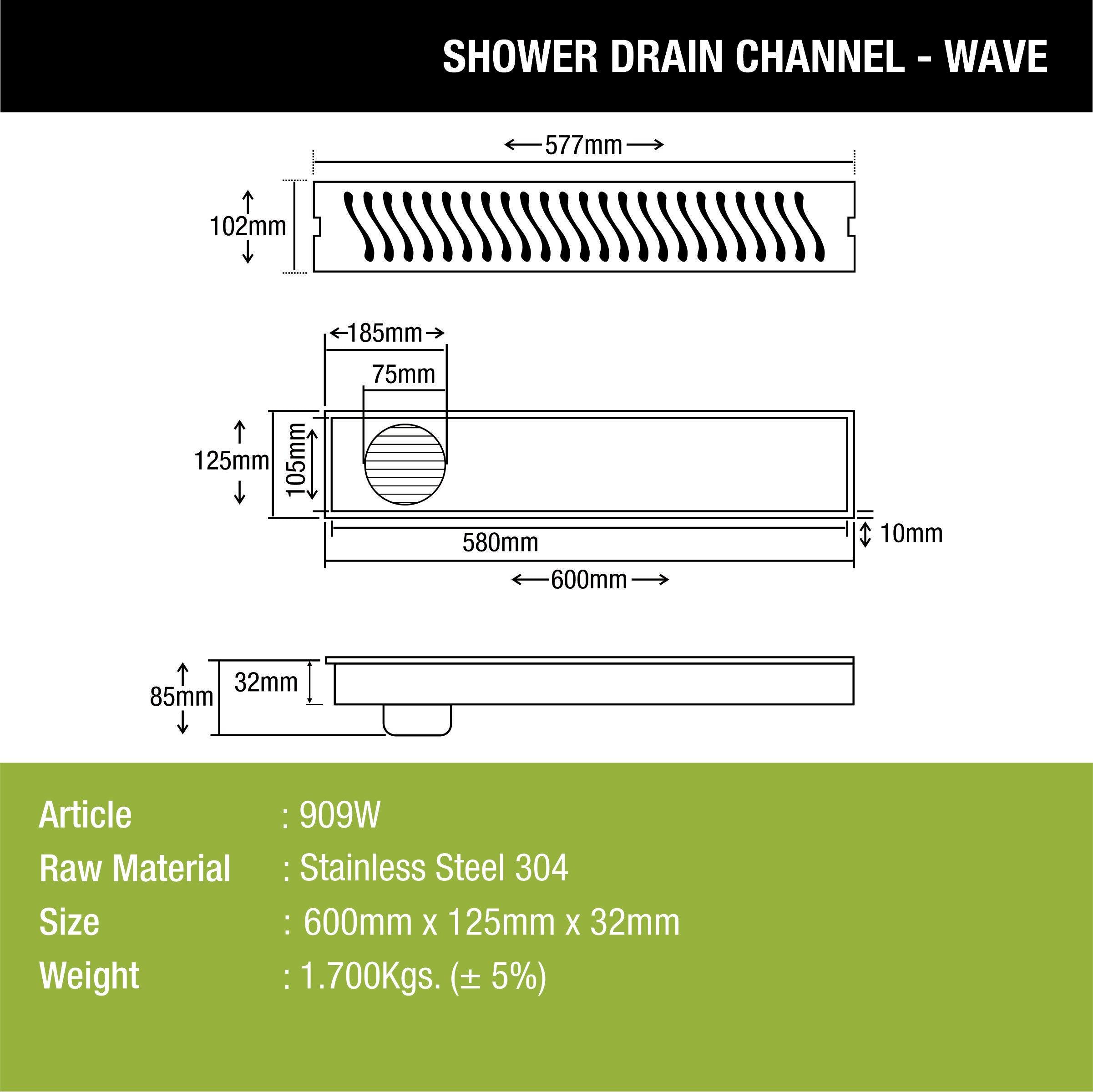 Wave Shower Drain Channel (24 x 5 Inches) - LIPKA - Lipka Home