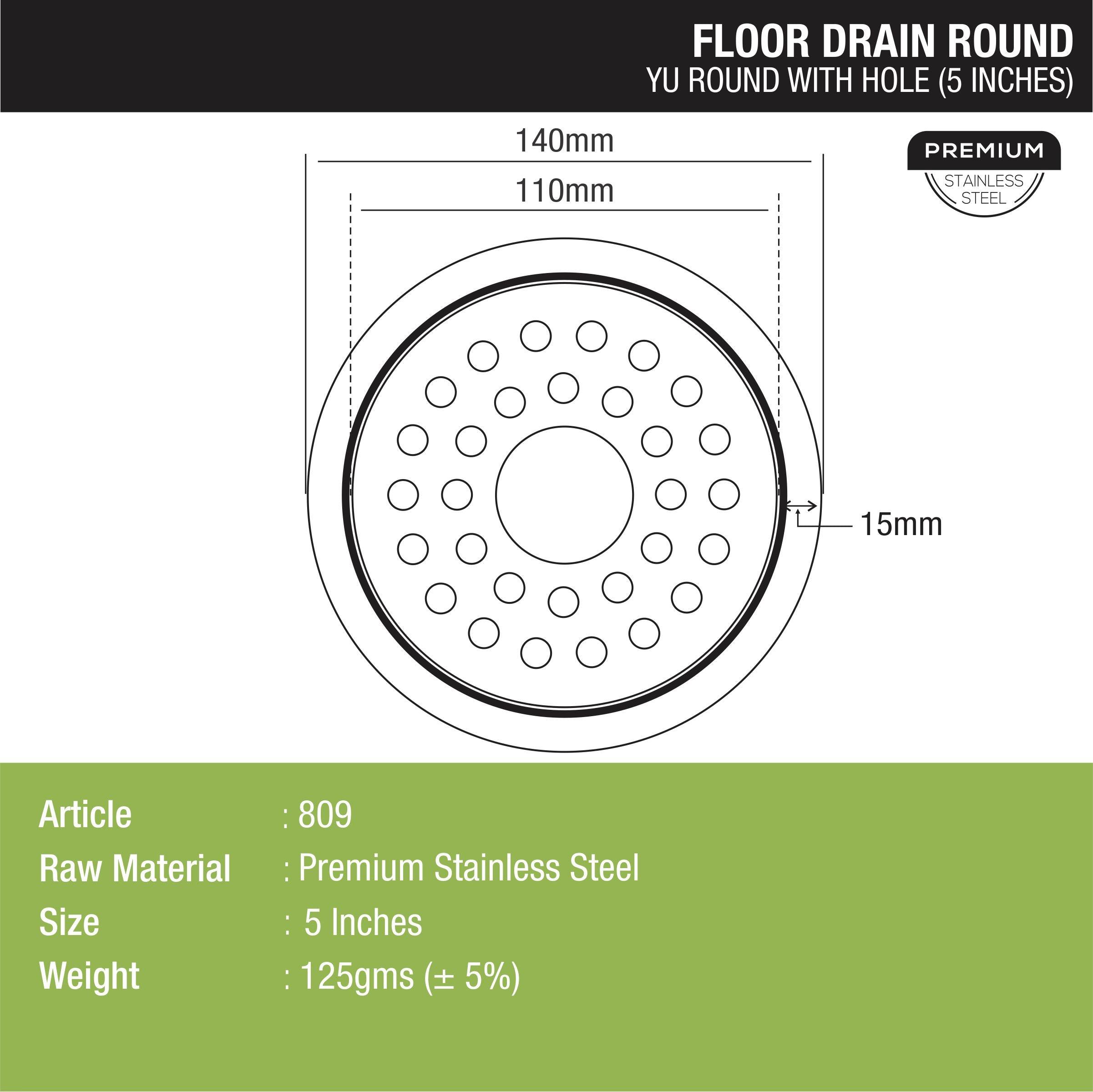 YU Round Floor Drain with Hole (5 inches) dimensions