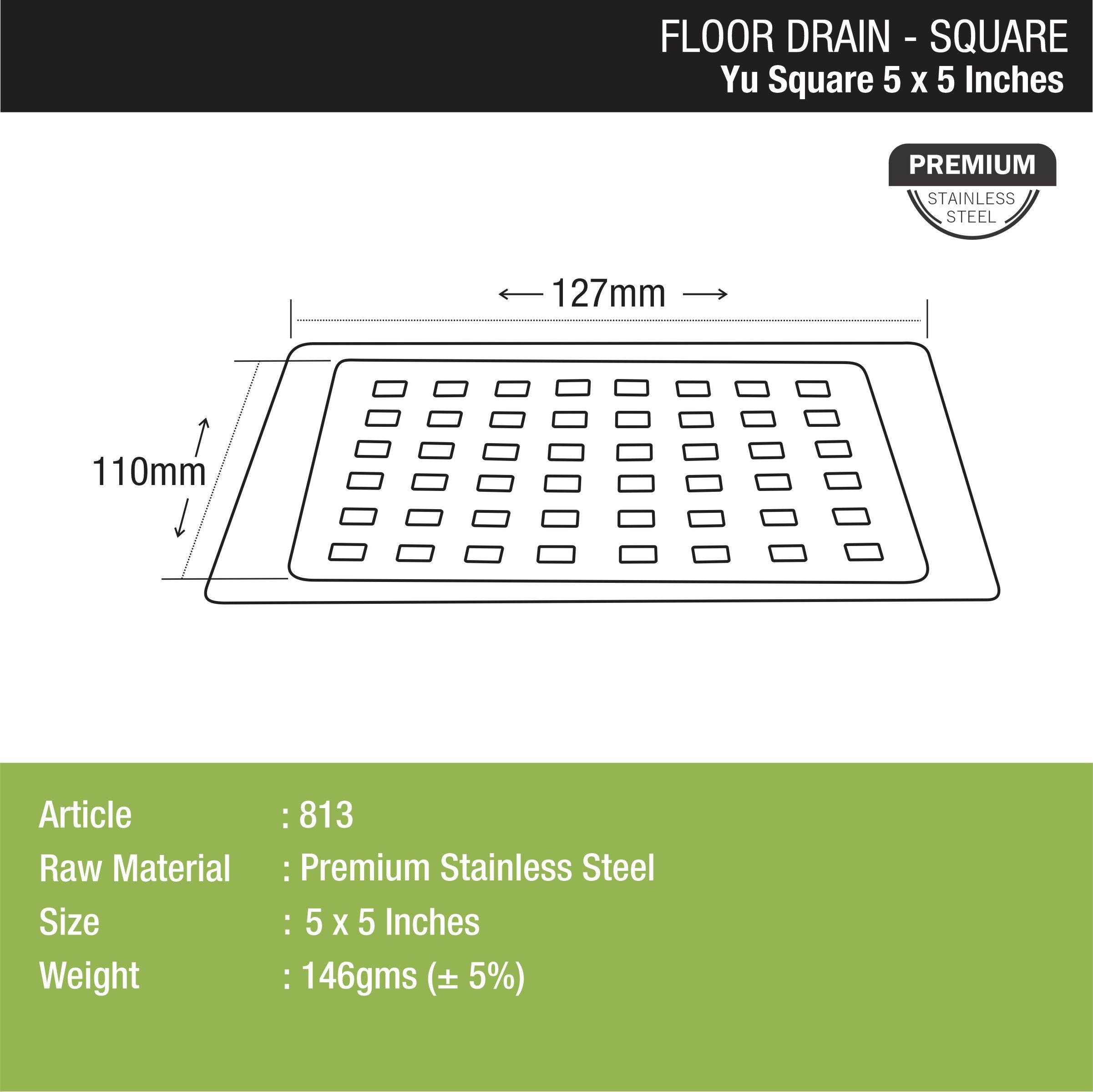 YU Square Floor Drain (5 x 5 Inches) dimensions and sizes