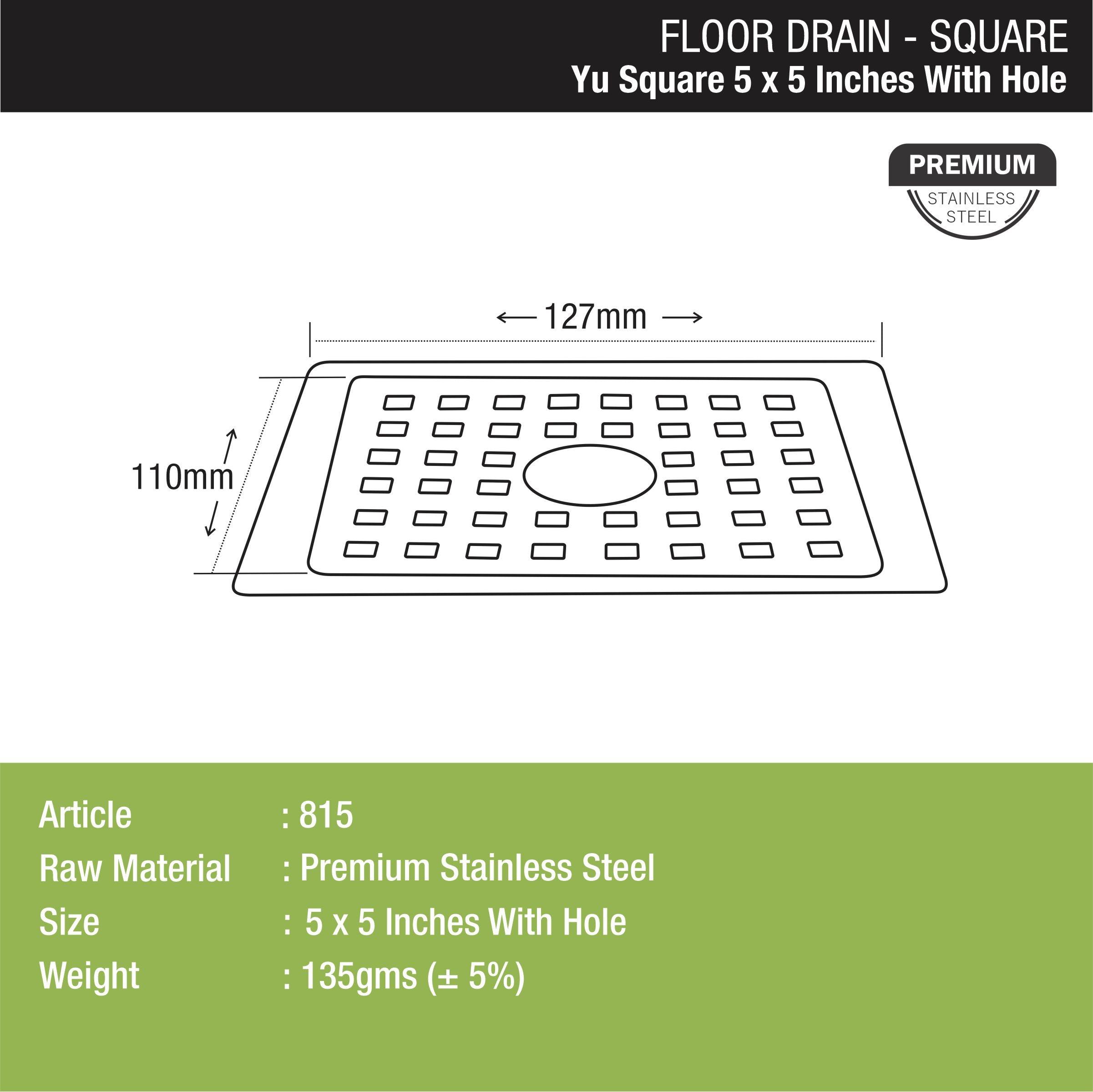 YU Square Floor Drain (5 x 5 Inches) with Hole dimensions and sizes