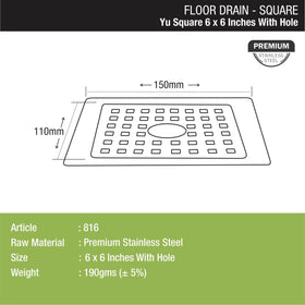 YU Square Floor Drain (6 x 6 Inches) with Hole - LIPKA - Lipka Home