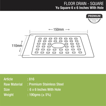 YU Square Floor Drain (6 x 6 Inches) with Hole - LIPKA - Lipka Home