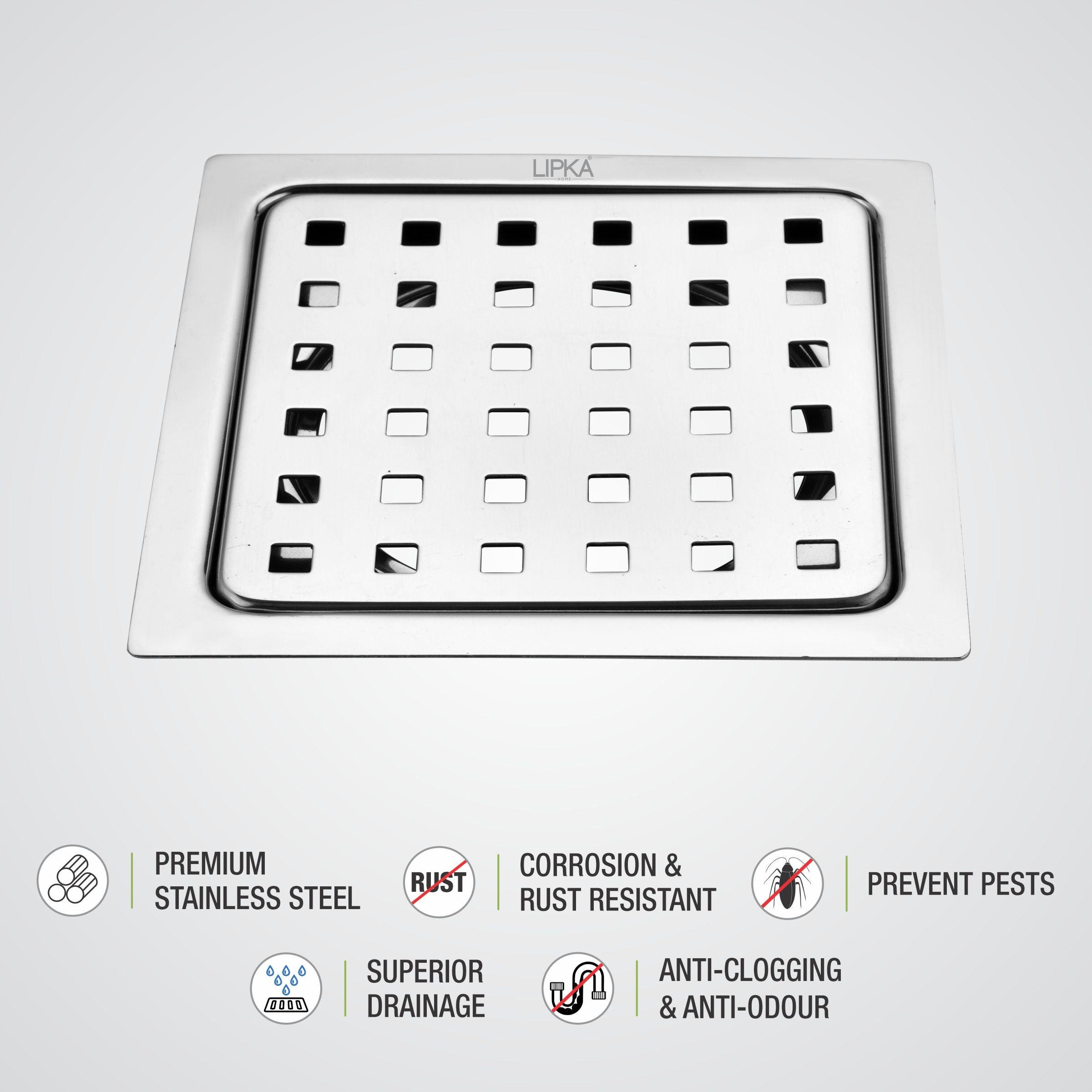 YU Square Floor Drain (6 x 6 Inches) features