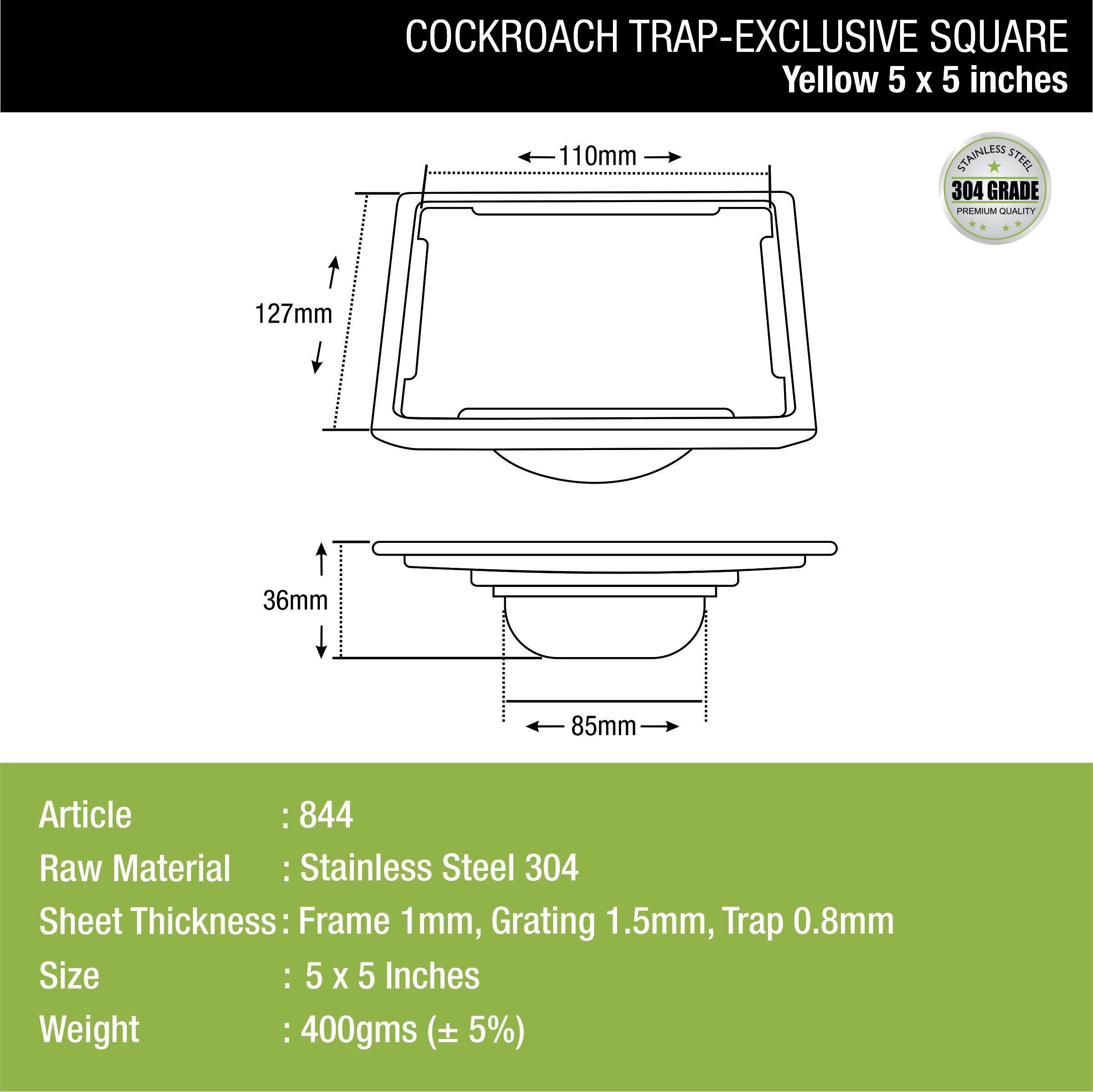 Yellow Exclusive Square Floor Drain (5 x 5 Inches) with Cockroach Trap dimensions and sizes