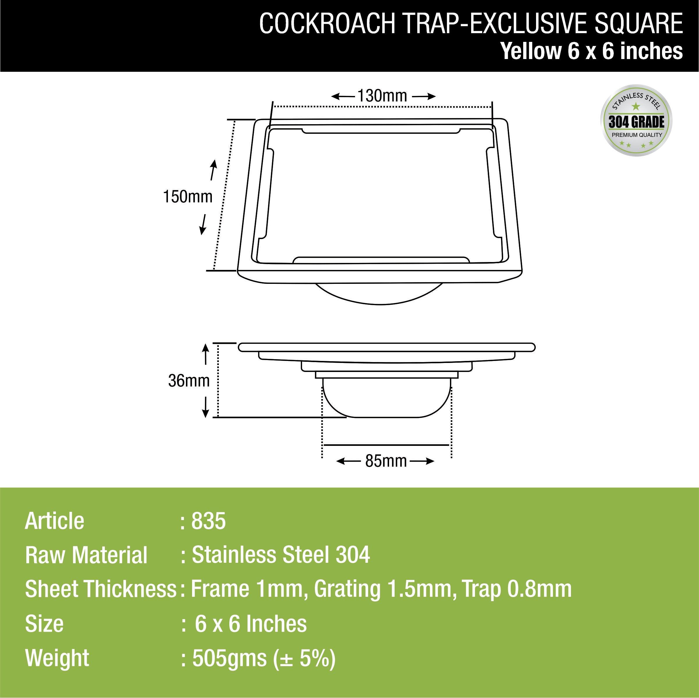 Yellow Exclusive Square Floor Drain (6 x 6 Inches) with Cockroach Trap dimensions and sizes