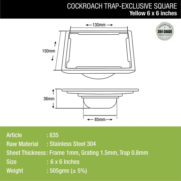 Yellow Exclusive Square Floor Drain (6 x 6 Inches) with Cockroach Trap - LIPKA - Lipka Home