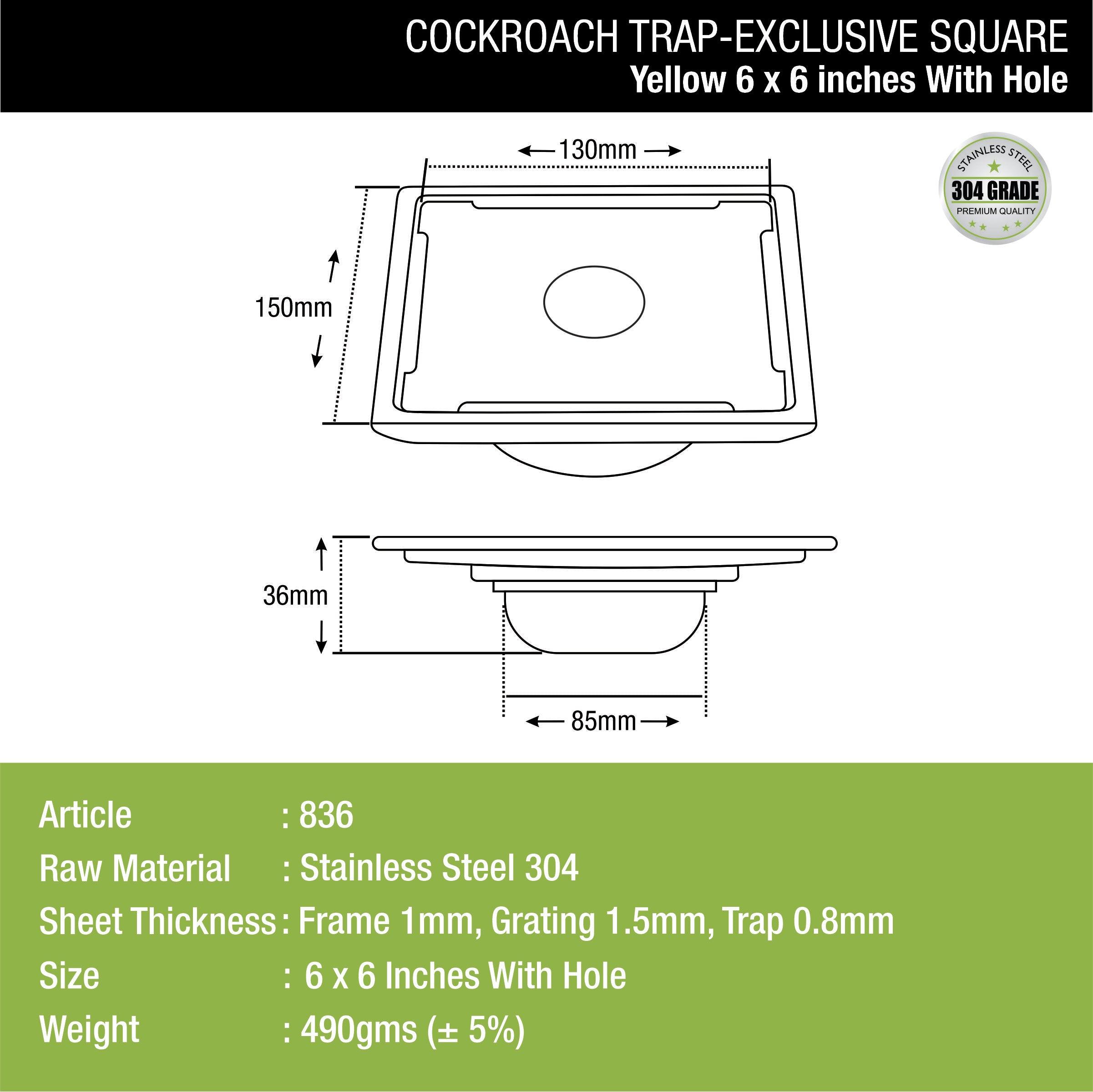 Yellow Exclusive Square Floor Drain (6 x 6 Inches) with Hole and Cockroach Trap dimensions and sizes