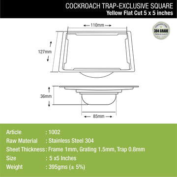 Yellow Exclusive Square Flat Cut Floor Drain (5 x 5 Inches) with Cockroach Trap - LIPKA - Lipka Home