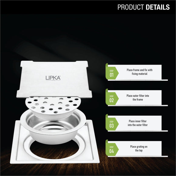 Yellow Exclusive Square Flat Cut Floor Drain (5 x 5 Inches) with Cockroach Trap - LIPKA - Lipka Home