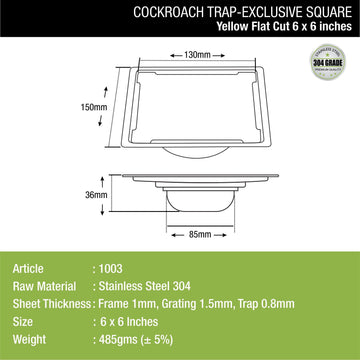 Yellow Exclusive Square Flat Cut Floor Drain (6 x 6 Inches) with Cockroach Trap - LIPKA - Lipka Home
