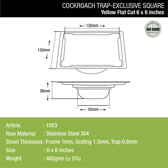Yellow Exclusive Square Flat Cut Floor Drain (6 x 6 Inches) with Cockroach Trap - LIPKA - Lipka Home