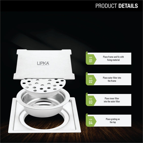 Yellow Exclusive Square Flat Cut Floor Drain (6 x 6 Inches) with Cockroach Trap - LIPKA - Lipka Home