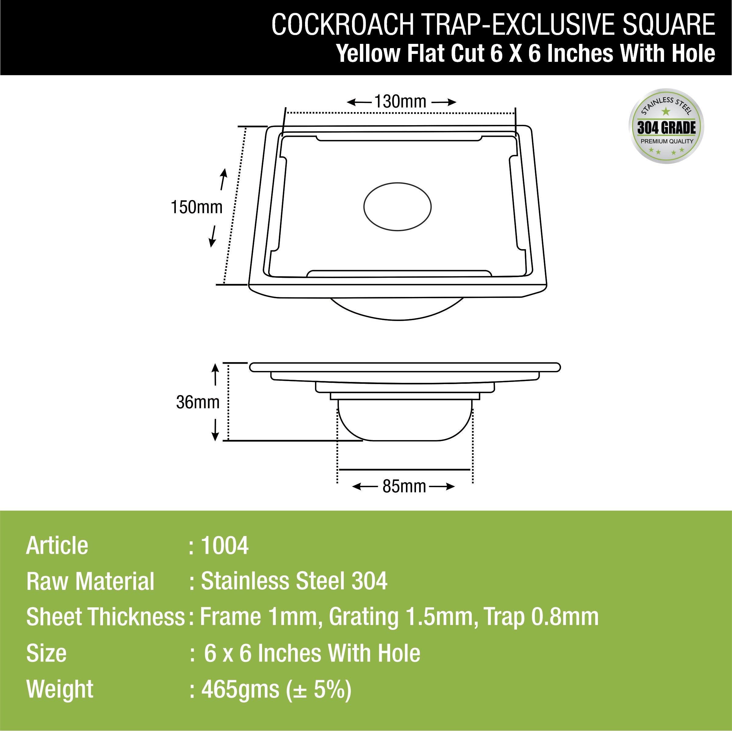 Yellow Exclusive Square Flat Cut Floor Drain (6 x 6 Inches) with Hole and Cockroach Trap dimensions and sizes