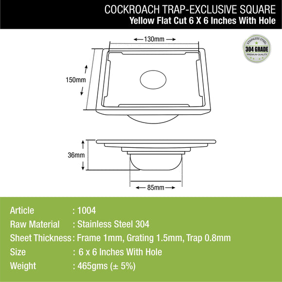 Yellow Exclusive Square Flat Cut Floor Drain (6 x 6 Inches) with Hole and Cockroach Trap - LIPKA - Lipka Home