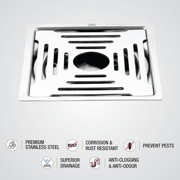 Echo Square Deluxe Flat Cut Floor Drain (5 x 5 Inches) with Hole- LIPKA - Lipka Home